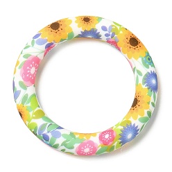 Colorful Food Grade Eco-Friendly Silicone Pendants, Ring with Sunflower Pattern, Colorful, 65x10mm, Hole: 4mm