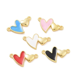 Mixed Color Eco-friendly Rack Plating Brass Enamel Connector Charms, Cadmium Free & Lead Free, Long-Lasting Plated, Double Heart Links, Real 18K Gold Plated, Mixed Color, 10.5x17.5x2mm, Hole: 1mm