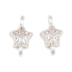 Plata Colgantes de conector de circonita cúbica transparente con pavé de latón, enlaces estrella, chapado en rack, larga duración plateado, plata, 9.5x5x3 mm, agujero: 1.2 mm