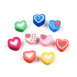 Mixed Color Handmade Polymer Clay Beads, Heart, Mixed Color, 7~10x8~10.5x4~5mm, Hole: 1.5mm