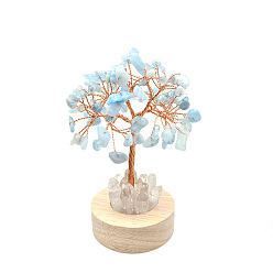 Aquamarine Natural Aquamarine Chips Tree Night Light Lamp Decorations, Wooden Base with Copper Wire Feng Shui Energy Stone Gift for Home Desktop Decoration, 120mm