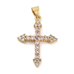 Pink Стойка металлическая латунная микропрофилированная кубическая циркония подвески, долговечный, без свинца и без кадмия, реальный 18 k позолоченный, крестик, розовые, 26x19x2.5 мм, отверстие : 5x3.5 мм