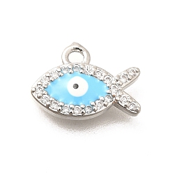Светло-Голубой Латунные микро-паве кубические цирконии с эмалевыми подвесками от сглаза, рыба, платина, Небесно-голубой, 9x11.5x2 мм, отверстие : 1.4 мм
