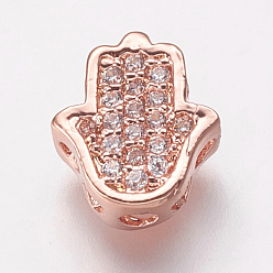 Rose Gold Brass Cubic Zirconia Beads, Hamsa Hand/Hand of Fatima/Hand of Miriam, Clear, Rose Gold, 9.5x8.5x4mm, Hole: 2mm