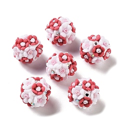 Crimson Luminous Resin Pave Rhinestone Beads, Glow in the Dark Flower Round Beads with Porcelain, Crimson, 19mm, Hole: 2mm