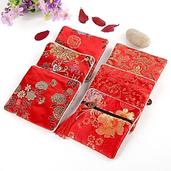 Red Square Chinese Style Brocade Zipper Bags with Tassel, for Bracelet, Necklace, Random Pattern, Red, 11.5x11.5cm