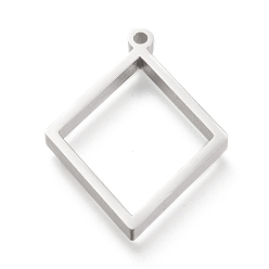 Stainless Steel Color 304 Stainless Steel Open Back Bezel Pendants, Double Sided Polishing, For DIY UV Resin, Epoxy Resin, Pressed Flower Jewelry, Rhombus, Stainless Steel Color, 33x24.5x3mm, Hole: 2mm