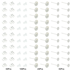 Серебро 304 Выводы серьги из нержавеющей стали шпилька, плоско-круглые, с пластиковыми и 304 ушными гайками из нержавеющей стали, серебряные, 4~6x3.5~6x0.3~4 мм, отверстие : 0.5~0.8 мм