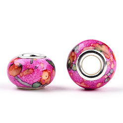 Magenta Opaque Resin European Beads, Imitation Crystal, Two-Tone Large Hole Beads, with Silver Tone Brass Double Cores, Rondelle, Magenta, 14x9.5mm, Hole: 5mm