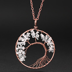 Quartz Crystal Natural Quartz Crystal Chip Tree of Life Pendant Necklaces, Alloy Cable Chain Necklace for Women, 20-7/8 inch(53cm)