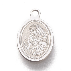 Platinum 304 Stainless Steel Charms, Laser Cut, Oval with Virgin Mary & Divine Child, Stainless Steel Color, 14.5x9x0.5mm, Hole: 1.2mm
