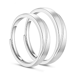 Platinum Adjustable Grooved Rhodium Plated 925 Sterling Silver Couple Rings, Promise Rings for Lovers, Platinum, US Size 7 1/4(17.5mm), US Size 10 1/4(19.9mm), 2pcs/set