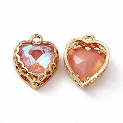 Light Peach Heart K9 Glass Charms, Faceted, with Light Gold Tone Brass Edge, Light Peach, 14.5x12x5.5mm, Hole: 1.6mm