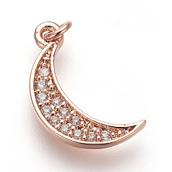 Rose Gold Brass Micro Pave Cubic Zirconia Charms, Lead Free & Cadmium Free, Moon, Rose Gold, 14x8x1.5mm, Hole: 3mm