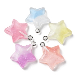 Mixed Color Gradient Color Transparent Resin Pendants, Glitter Star Charms with Platinum Plated Iron Loops, Mixed Color, 21x18x6mm, Hole: 2mm