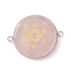 Rose Quartz Natural Rose Quartz Connector Charms, with Stainless Steel Color Tone 304 Stainless Steel Findings, Flat Round with Magic Circle Pattern, 26.5x33x6mm, Hole: 2mm