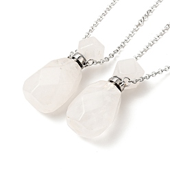 Quartz Crystal Openable Faceted Natural Quartz Crystal Perfume Bottle Pendant Necklaces for Women, 304 Stainless Steel Cable Chain Necklaces, Stainless Steel Color, 18.54 inch(47.1cm)
