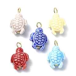 Mixed Color Handmade Procelain Pendants, with Golden Tone Iron Loop, Turtles, Mixed Color, 24x15x8.5mm, Hole: 3mm