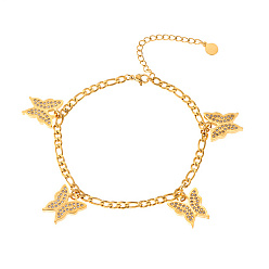 Золотой Стеклянный браслет с подвеской-бабочкой и цепочками Фигаро из нержавеющей стали, золотые, 8-1/2 дюйм (21.5 см)