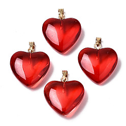 Red Transparent Spray Painted Glass Pendants, with Golden Plated Iron Bails, Heart, Red, 22x20.5x7mm, Hole: 6x2mm