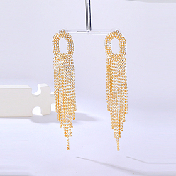 Oval Real 18K Gold Plated Brass Dangle Stud Earrings, Rhinestone Tassel Earrings, Oval, 130x22mm