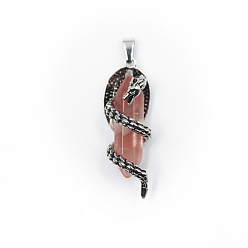 Cherry Quartz Glass Cherry Quartz Glass Double Terminal Pointed Pendants, Dragon Charms with Faceted Bullet, with Antique Silver Tone Alloy Findings, 39x15mm