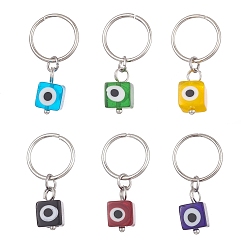Mixed Color Handmade Lampwork Braiding Hair Pendants Decoration Clips, for Hair Styling, with Iron Jump Rings, Cube with Evil Eye, Mixed Color, 29~31mm