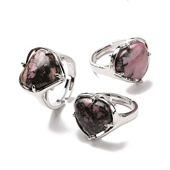 Родонит Регулируемое кольцо в форме сердца из натурального родонита, украшения из латуни для женщин, без свинца и без кадмия, платина, внутренний диаметр: 16.5~21 мм