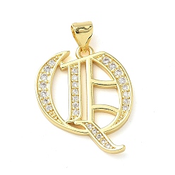 Letter Q Латунные микро проложить кубического циркония подвески, стойки покрытие, без свинца и без кадмия, долговечный, реальный 18 k позолоченный, буквы, Буква Q, 22.5x19.5x1.8 мм, отверстие : 3.5x5 мм