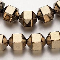 Antique Bronze Plated Electroplate Non-magnetic Synthetic Hematite Bead Strands, Polygon, Light Gold Plated, 8x8mm, Hole: 1mm, about 51pcs/strand, 15.7 inch