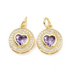 Лиловый Латунные микро проложить кубического циркония подвески, с прыжковых колец, долговечный, без кадмия и без свинца, золотой свет, плоско-круглые с сердцем, сирень, 15.5x13x4 мм