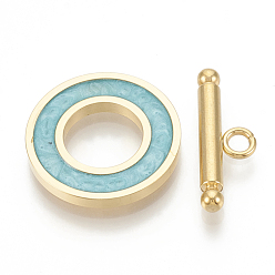 Turquoise 201 Stainless Steel Toggle Clasps, with Enamel, Ring, Golden, Turquoise, Ring: 19.5x2mm, Inner Diameter: 10mm, Bar: 21x7x3mm, Hole: 2mm