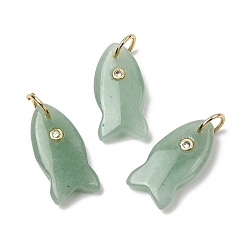 Green Aventurine Natural Green Aventurine Pendants, Fish Charms with Brass Micro Pave Cubic Zirconia Findings, Golden, 24x12x5mm, Jump Ring: 8x1mm, Inner Diameter: 6mm
