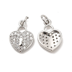 Platinum Brass Micro Pave Clear Cubic Zirconia Pendants, with Jump Ring, Heart Lock Charm, Platinum, 16x11x2.5mm, Hole: 3.5mm