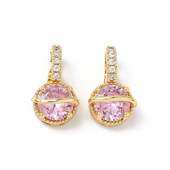 Pink Латунные микро проложить кубического циркония подвески, круглые подвески, реальный 18 k позолоченный, розовые, 18x10.5x10 мм, отверстие : 5x3 мм