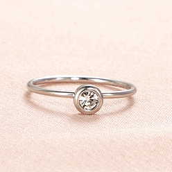 Clear Glass Birthstone Style Diamond Finger Ring, Stainless Steel Ring, Clear, Inner Diameter: 16.8mm