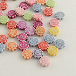 Mixed Color Craft Style Acrylic Beads, Flat Round with Flower, Mixed Color, 10x3mm, Hole: 1.6mm, about 2400pcs/500g