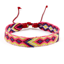 Hot Pink Cotton Braided Rhombus Cord Bracelet, Ethnic Tribal Adjustable Bracelet for Women, Hot Pink, Inner Diameter: 7-1/8~9-7/8 inch(18~25cm)