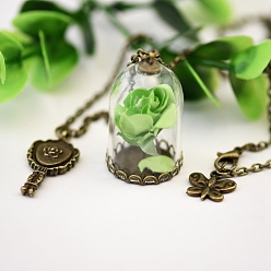 Light Green Butterfly & Key & Glass Dried Flower Wishing Bottle Pendant Necklace, with Antique Bronze Alloy Cable Chains, Light Green, 33.46 inch(85cm)