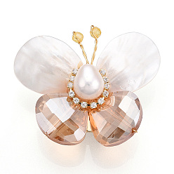 Real 14K Gold Plated Natural Shell & Crystal Pave Cubic Zirconia Butterfly Brooches for Women, with Brass Pearl Pins, Real 14K Gold Plated, 32~38x36.5~40x16~17mm