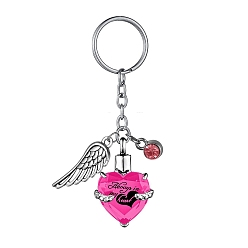 Deep Pink Stainless Steel Keychain, with Urn Ashes and Wing Pendant, Deep Pink, Pendant: 2.5x2.1cm