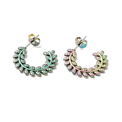 Rainbow Color Ионное покрытие (ip) цвет радуги 304 серьги-гвоздики из оливкового листа из нержавеющей стали, полукруглые серьги для женщин, 22x25x2 мм, штифты : 0.8 мм