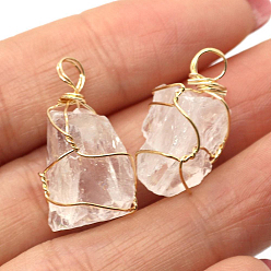 Quartz Crystal Raw Rough Natural Quartz Crystal Pendants, Nuggets Charms with Golden Plated Copper Wire Wrapped, 18~30x12~22mm