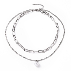 Stainless Steel Color 304 Stainless Steel Double Chains Multi Layered Necklaces Necklace with Plastic Pearl Charm for Women, Stainless Steel Color, 16.34 inch(41.5cm)