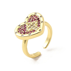 Фуксин Манжеты из латуни с микро паве кубический цирконий для женщин, сердце и крест, реальный 18 k позолоченный, стойки покрытие, долговечный, без свинца и без кадмия, фуксиново-красные, Сердце: 14.5x18.5 mm