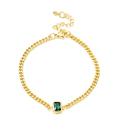 Dark Green Cubic Zirconia Rectangle Link Bracelet with Curb Chains, Gold Plated Brass Jewelry for Women, Lead Free & Cadmium Free, Dark Green, 7-1/8 inch(18.2cm)