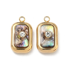 Круглые Природные пауа оболочки подвески, 304 Прямоугольные подвески из нержавеющей стали с кристаллами и стразами, вакуумное покрытие pvd, реальный 18 k позолоченный, круглые, 18x10x5~6 мм, отверстие : 1.8 мм