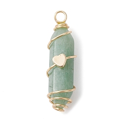 Green Aventurine Natural Green Aventurine Copper Wire Wrapped Pointed Pendants, Faceted Bullet Charms with Golden Tone Brass Heart Beads, 34.5~37x10.5x12mm, Hole: 2.7mm