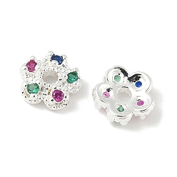 Серебро Латунные колпачки для бусин с микропаве и разноцветными фианитами, 5-лепестков цветка, серебряные, 6.5x2.5 мм, отверстие : 1.4 мм