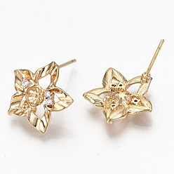 Clear Hollow Brass Micro Pave Clear Cubic Zirconia Stud Earring Findings, with Loop and for Half Drilled Beads, Flower, Nickel Free, Real 18K Gold Plated, Clear, 15x16mm, Hole: 1mm, pin: 0.7mm, pin: 0.7mm(for half drilled beads)